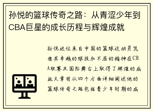 孙悦的篮球传奇之路：从青涩少年到CBA巨星的成长历程与辉煌成就